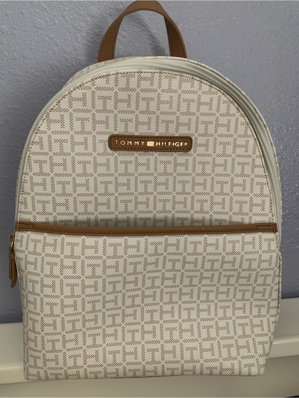 Tommy Hilfiger Cream and Tan Monogram Backpack